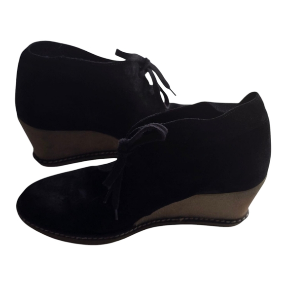 J Crew MacAlister Black Tan Suede Wedge Ankle Boots Womens 8 Lace Made In Italy - Picture 3 of 14